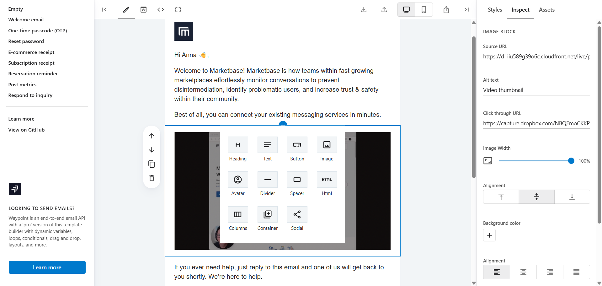 Screenshot of the intuitive drag-and-drop email editor interface